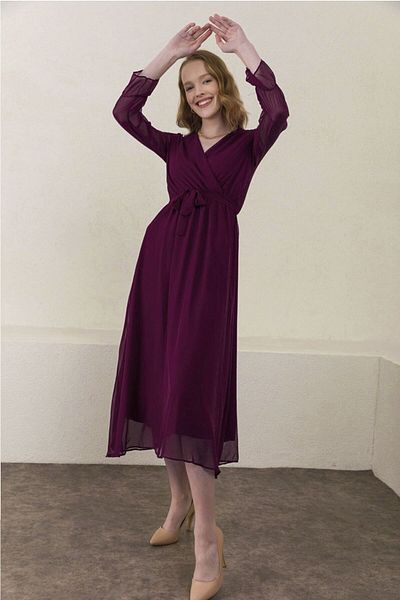 thezkscom Purple Lined Plus Size Double Breasted Collar Long Chiffon Dress