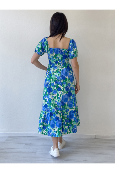 thezkscom Γυναικείο φόρεμα με λουλουδάτο σχέδιο με μπούστο μεσαίου μήκους καλοκαιρινό φόρεμα μπλε, πορτοκαλί