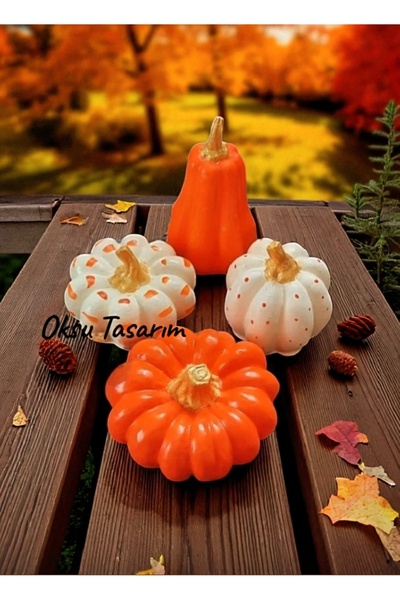 oksukokulutaş El Yapımı 4 lü Balkabağı Dekoratif Dekorasyon Obje Biblo Süs Eş...