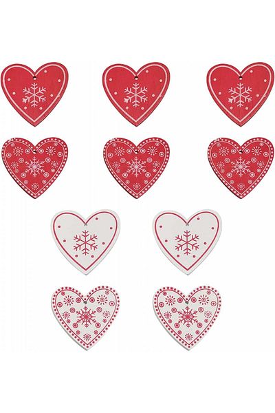 HEIGOO Set of 10 HEIGOO hearts, wood, red/white, 48 x 50 mm