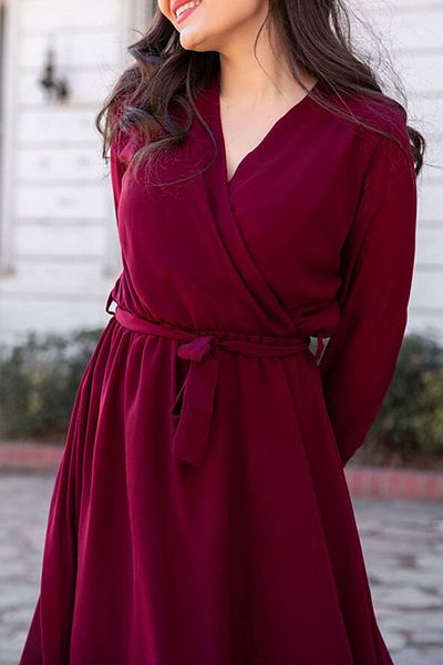 thezkscom Burgundy Double Breasted Collar Chiffon Plus Size Dress