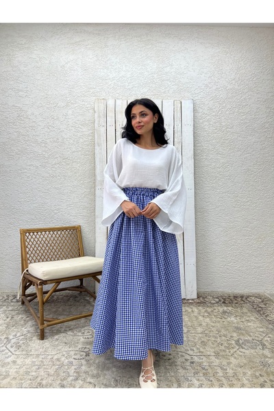 KÜÇÜĞÜM BUTİK Mavi Pötikare Kloş Poplin Etek