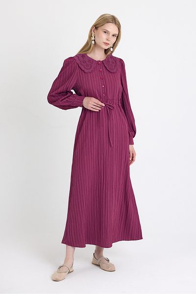 Rays Burgundy Fisto Detailed Wide Collar Belted Striped Dress 4330A