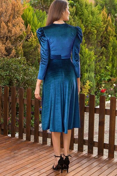 thezkscom Petrol Blue Watermelon Sleeve Double Breasted Velvet Belted Plus Size Dress