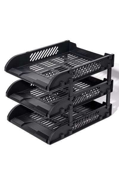 Deli Stackable Trays With Spacers, 3‑Pack Black, Letter Size Plastic, Modular Desktop Organizer