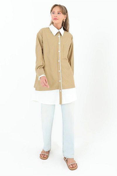 Moda Rosa 25Y4309 - Camel - Striped Poplin Shirt