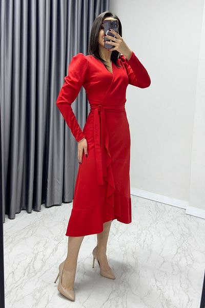 thezkscom Women's Red Long Sleeve Flounced Belted Plus Size Dress