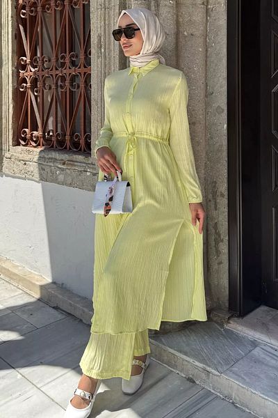 julude Yellow Self Patterned Waist Tie Detailed Hijab Tunic Pants Double Set