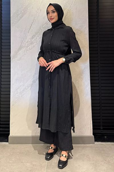 julude Black Self Patterned Waist Tie Detailed Hijab Tunic Trousers Double Set