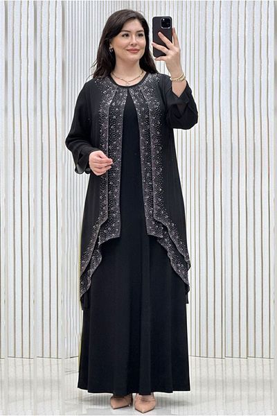 Moda Rosa 25Y6055 - Black - Plus Size Folded Stone Evening Dress
