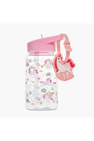 manna Unicorn Print Sipper Water Bottle with Name Tag Hanger - 440 ml