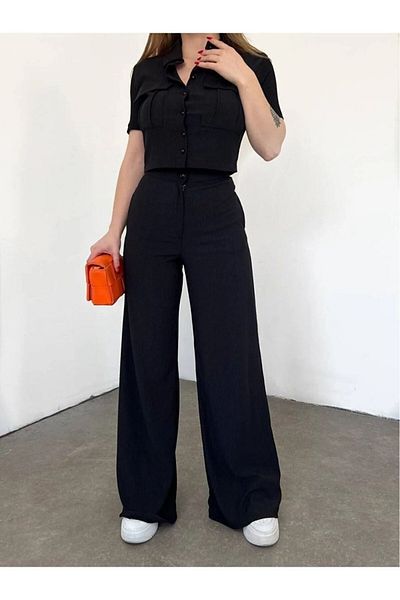 EC MODA Women's Button Detailed Capped Pant Suit