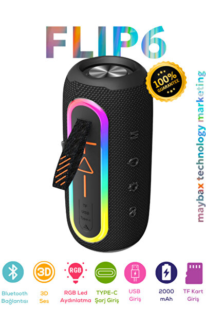 Maybax FLIP6 RGB Led Işıklı Dayanıklı Ses Bombası Usb Sd Aux Fm Radyo Kablosu...