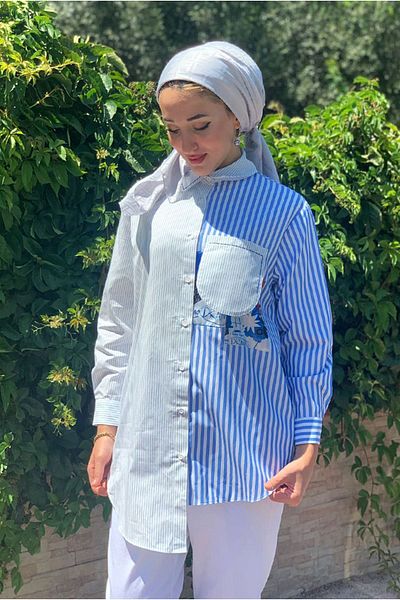 Moda Rosa 25Y4456 - Blue - Pocket Detail Striped Poplin Shirt