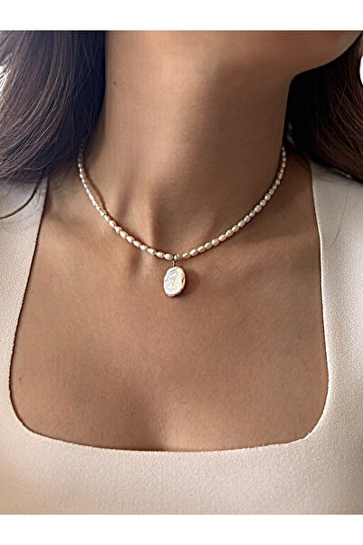 By Saadet Özkanlı Oval barok inci detaylı AA sınıfı gerçek 3 mm arpa inci kolye, tatlısu pirinç incisi