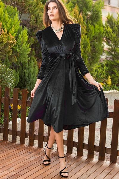 thezkscom Μαύρο μανίκι καρπούζι με διπλό στήθος βελούδινο φόρεμα με ζωσμένο μέγεθος