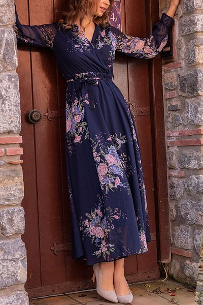 thezkscom Navy Blue Yellow Floral Double Breasted Collar Long Chiffon Dress