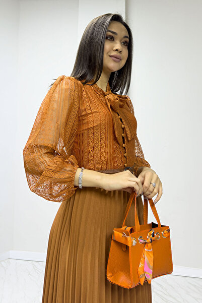 thezkscom Tan Halter Neck French Guipure Pleated Evening Dress