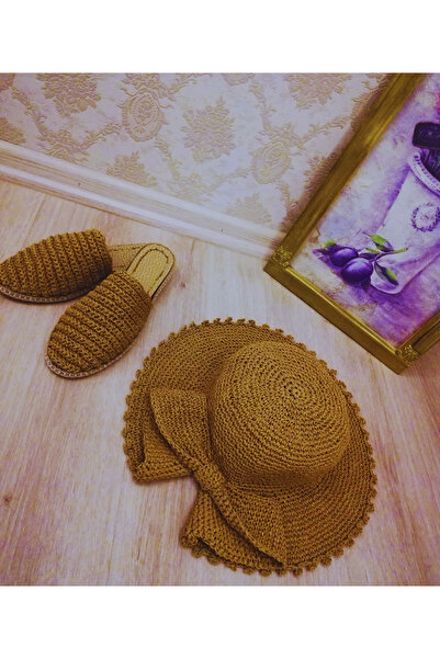 Annima Handmade Kadın Boho Yaz Seti – Örgü Şapka ve Hasır Terlik Seti