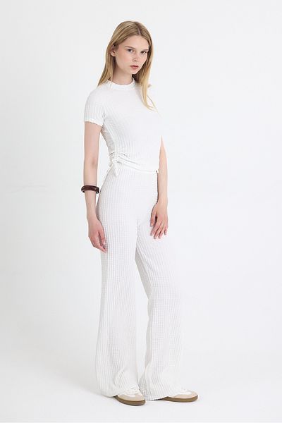 Rays White Wrinkled Textured Drawstring Crop and Wide Leg Pants Set 3001