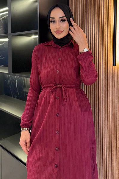 julude Plum Self Patterned Waist Tie Detailed Hijab Tunic Trousers Double Set
