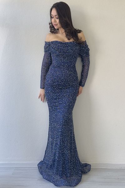 thezkscom Women's Boat Neck Stone Embroidered Long Sleeve Fish Evening Dress Water Green, Navy Blue