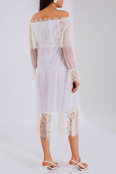 thezkscom Λευκό φόρεμα με λαιμόκοψη Madonna με λεπτομέρεια Guipure