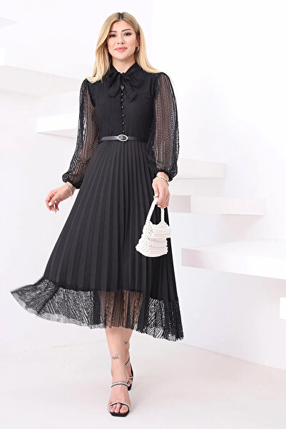 thezkscom Siyah Boyundan Bağlamalı Dantel Detay Piliseli Abiye Elbise