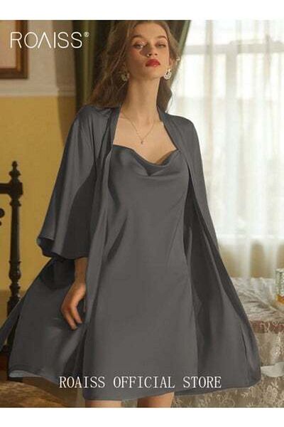 ROAISS 2-Piece Women Pajamas with V-Neck Design Women Home Wear Set Outer Robe and Lace Element Nightgown