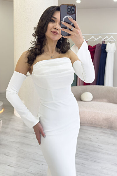 thezkscom Γυναικείο Λευκό Στράπλες Αξεσουάρ Φόρεμα Ψαριού Σατέν Alya