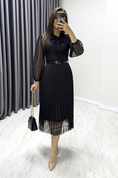 thezkscom Black Halter Lace Detail Pleated Evening Dress