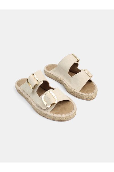 MAGGIO Beige Straw Sole Gold Color Buckle Summer Women's Slippers