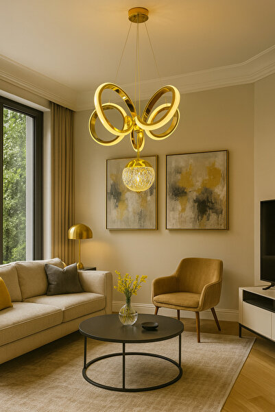 RSCOLLECTIONS Kıvrım Tekli Kristal Toplu Modern Oturma Led Avize Kumandasız Gold