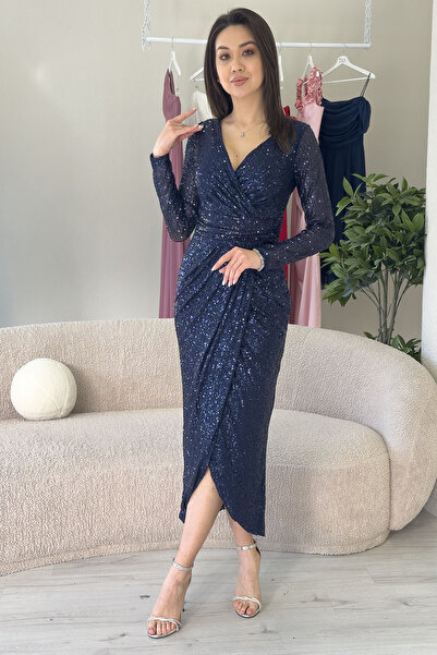 thezkscom Γυναικείο βραδινό φόρεμα με μακρυμάνικο γιακά με διπλό στήθος με πα...