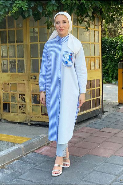 Moda Rosa 25Y4487 - Blue - Pocket Satin Detail Poplin Long Tunic