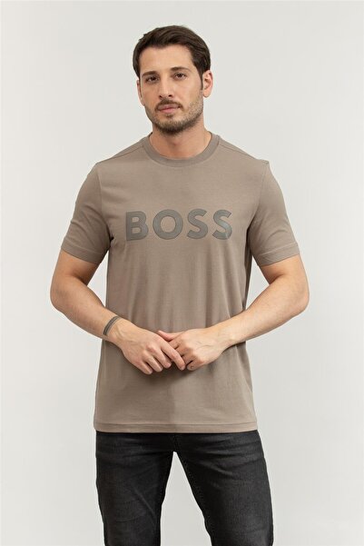 BOSS Erkek Regular Fit Pamuklu Büyük Logolu Kısa Kollu Bej T-Shirt 50535170-334