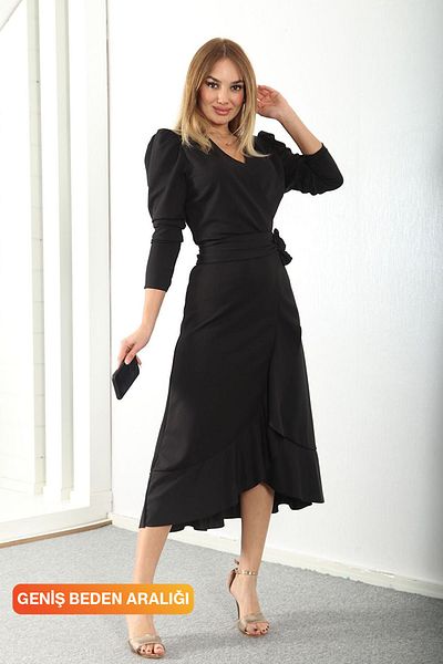 thezkscom Black Valon Belted Midi Dress