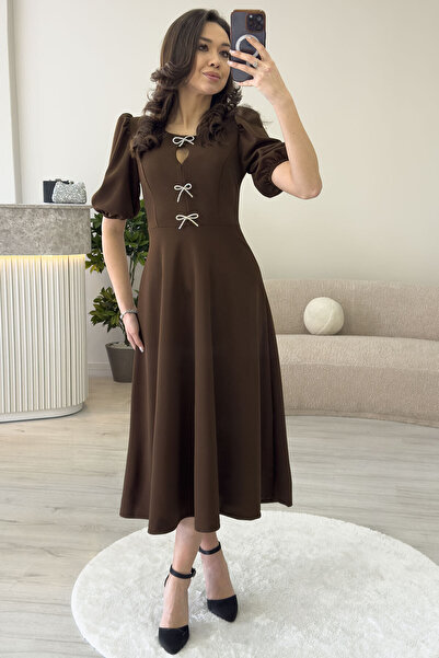 thezkscom Γυναικείο φιόγκο με λεπτομέρεια μπαλόνι μανίκι Midi μήκους φόρεμα μπορντό, μπλε ναυτικό, μαύρο