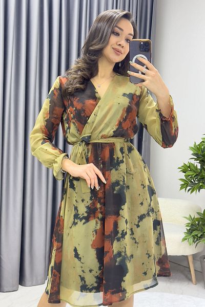 thezkscom Women's Double Breasted Neckline Short Chiffon Dress Brown Floral with Tie-Dye Pattern