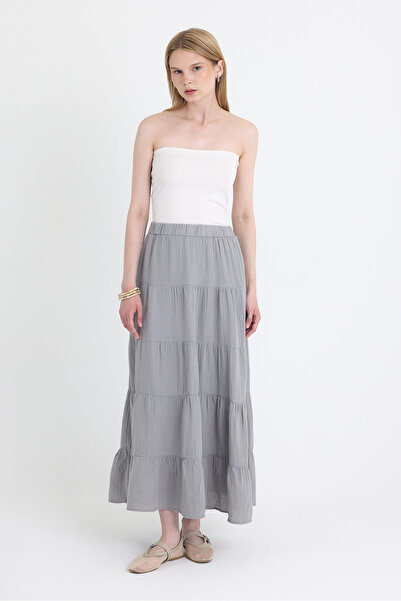 Rays Gray Linen Look 100% Cotton Layered Long Skirt 4801A