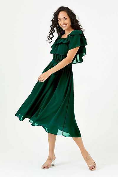 thezkscom Madonna Collar Green Chiffon Lined Belted Plus Size Dress