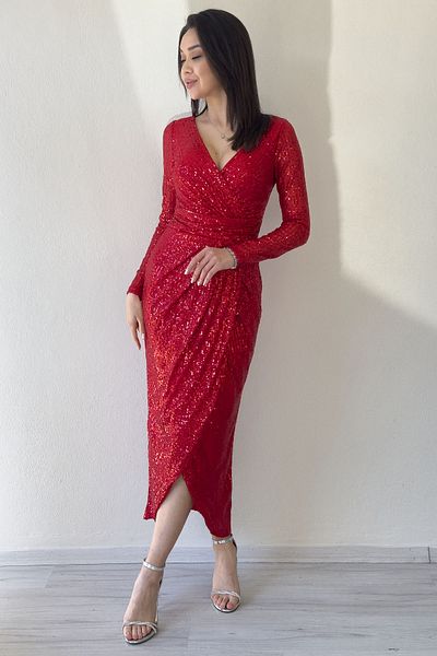 thezkscom Women's Red Sequin Design Double Breasted Collar Long Sleeve New Season Plus Size Evening Dress