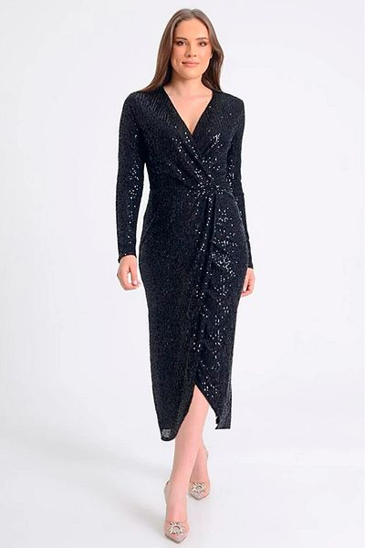 thezkscom Women's Black Double-breasted Collar Sequin Sequin Design Plus Size Evening Dress