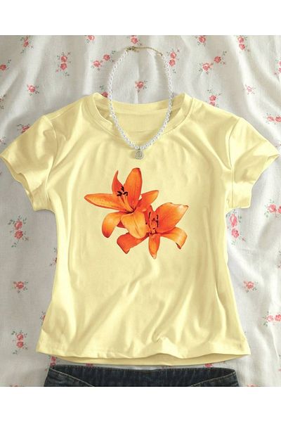 Touz Moda Baby Tee Belt Boy Orenge Flower εμπριμέ Crop μπλούζα