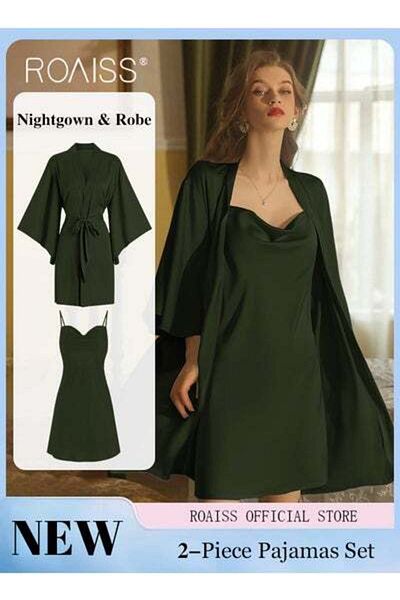 ROAISS 3-Piece Women Pajamas with V-Neck Design Women Home Wear Set Same Color Outer Robe