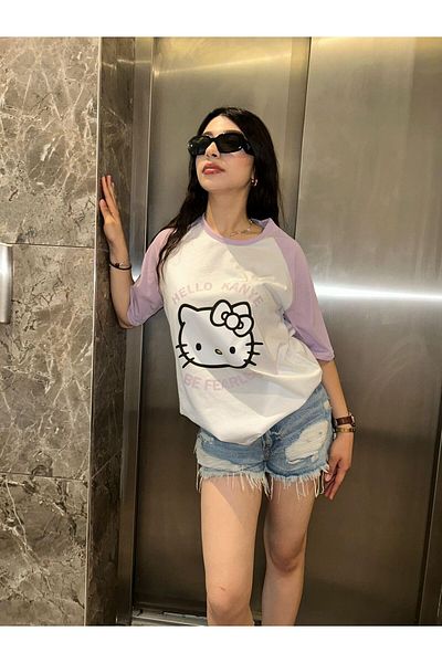 Wisevelya Hello Kitty Be Fearless με στάμπα μωβ Raglan μανίκι μπλουζάκι