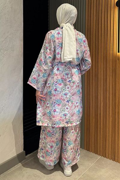 julude Blue Floral Patterned Kimono Trousers Hijab Double Set