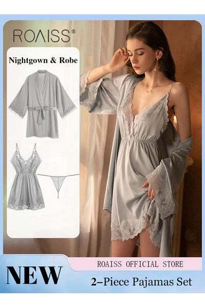 ROAISS 4-Piece Women Pajamas with V-Neck Design Women Home Wear Set Same Color Outer Robe