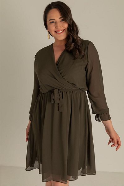 thezkscom Khaki Lined Plus Size Short Chiffon Dress 105 Cm