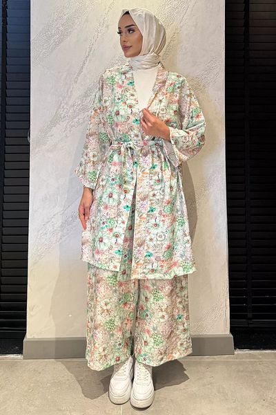 julude Mint Floral Patterned Kimono Trousers Hijab Double Set